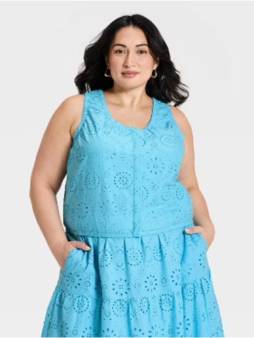 NWT Women's Blue Embroidered Eyelet Button-Front Tank Top XXL Boho Summer